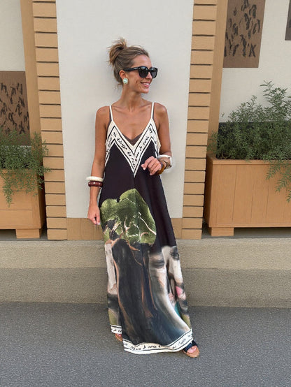Unieke Inkt Bloemenprint Draagbare Maxi Jurk