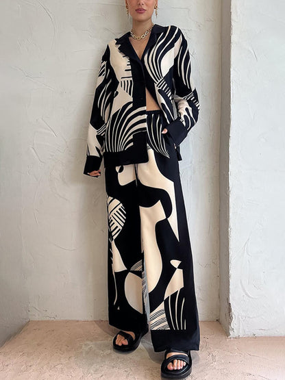 Trendy Graffiti Print Losse Wijde Pantalon Set