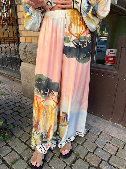 Unieke Satijnen Landschap Print Losse Oversized Shirt
