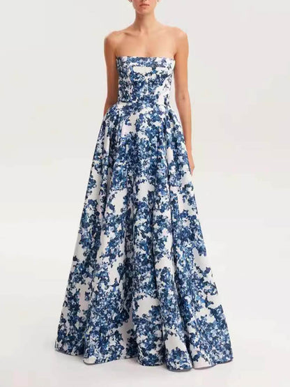 Elegante Strapless Gedrukte String Maxi Jurk