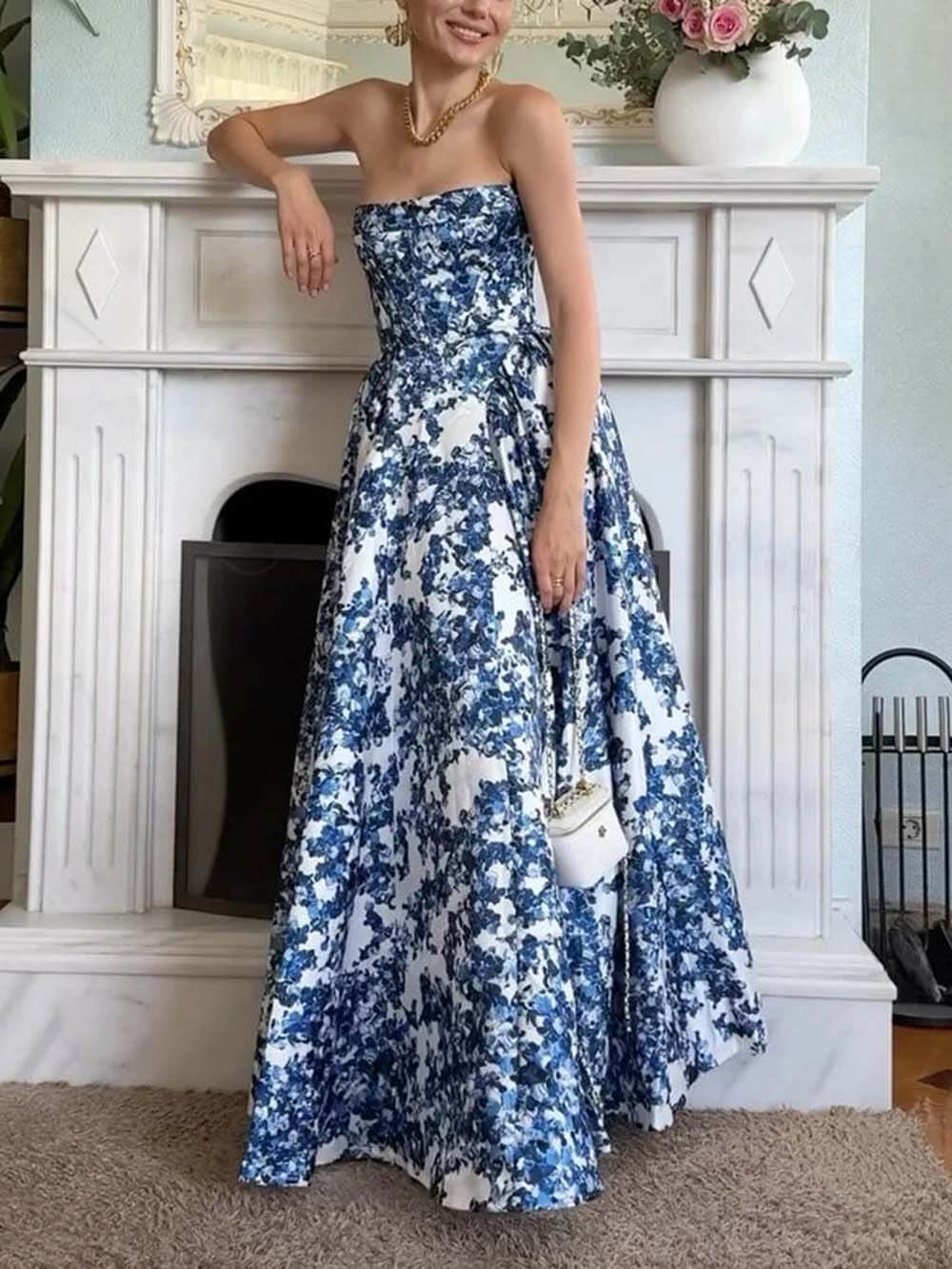 Elegante Strapless Gedrukte String Maxi Jurk