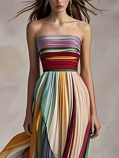 Elegante Gestreepte Gedrukte Off-shoulder Geplooide Bandeau Maxi Jurk