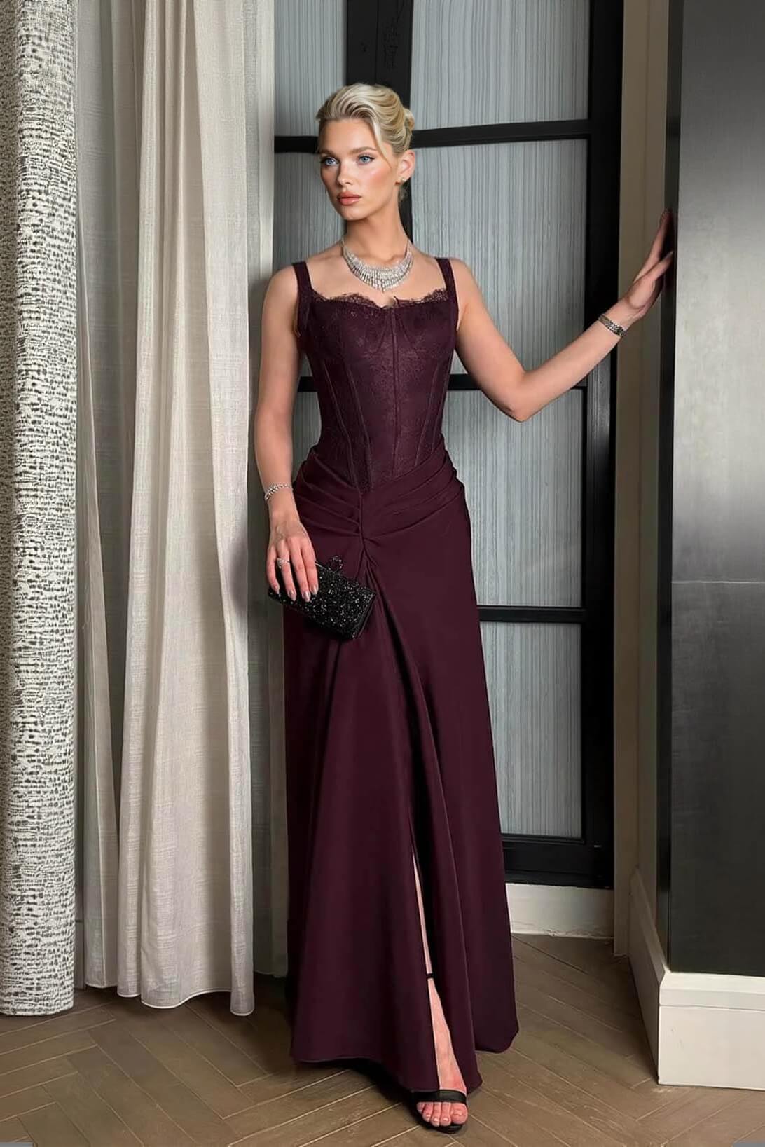 Elegante Kant Met Zijsplit Avondjurk Maxi Jurk