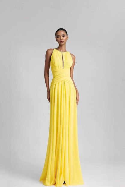 Elegante Rimpel Chiffon A-Lijn Maxi Jurk met Strass