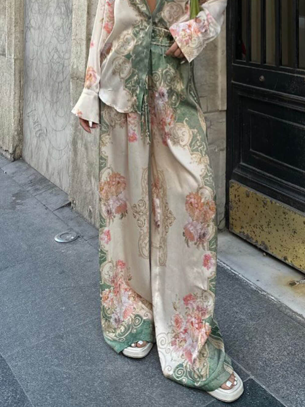 Unieke Bloemen Losse Gedrukte Rekbare Taille Wijde Pantalon