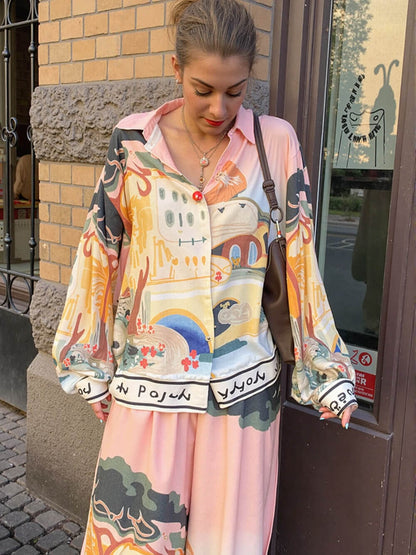 Unieke Satijnen Landschap Print Losse Oversized Shirt