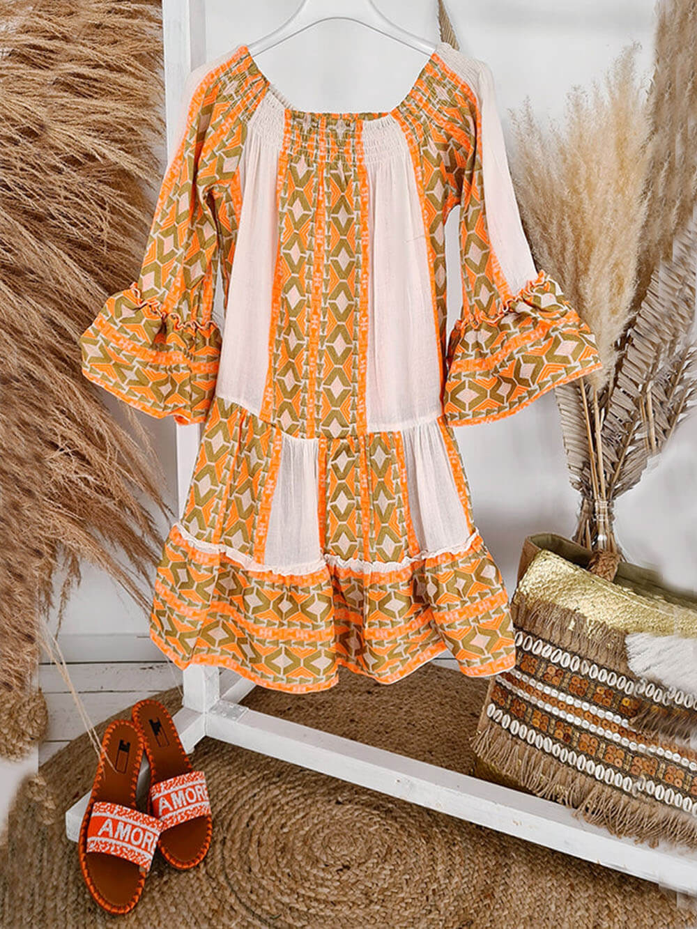 Linnenmix Etnische Print Off-Shoulder Los Mini Jurk