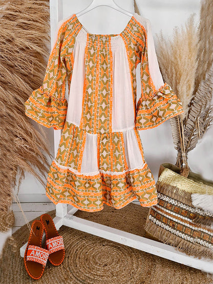 Linnenmix Etnische Print Off-Shoulder Los Mini Jurk