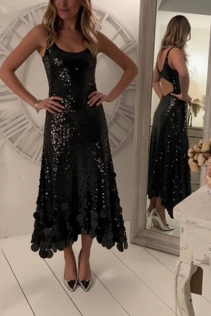 Exquise Feest Tips Pailletten Ongelijkmatige Ronde Franje Zoom Rug Uitsnijding Tank Maxi Jurk