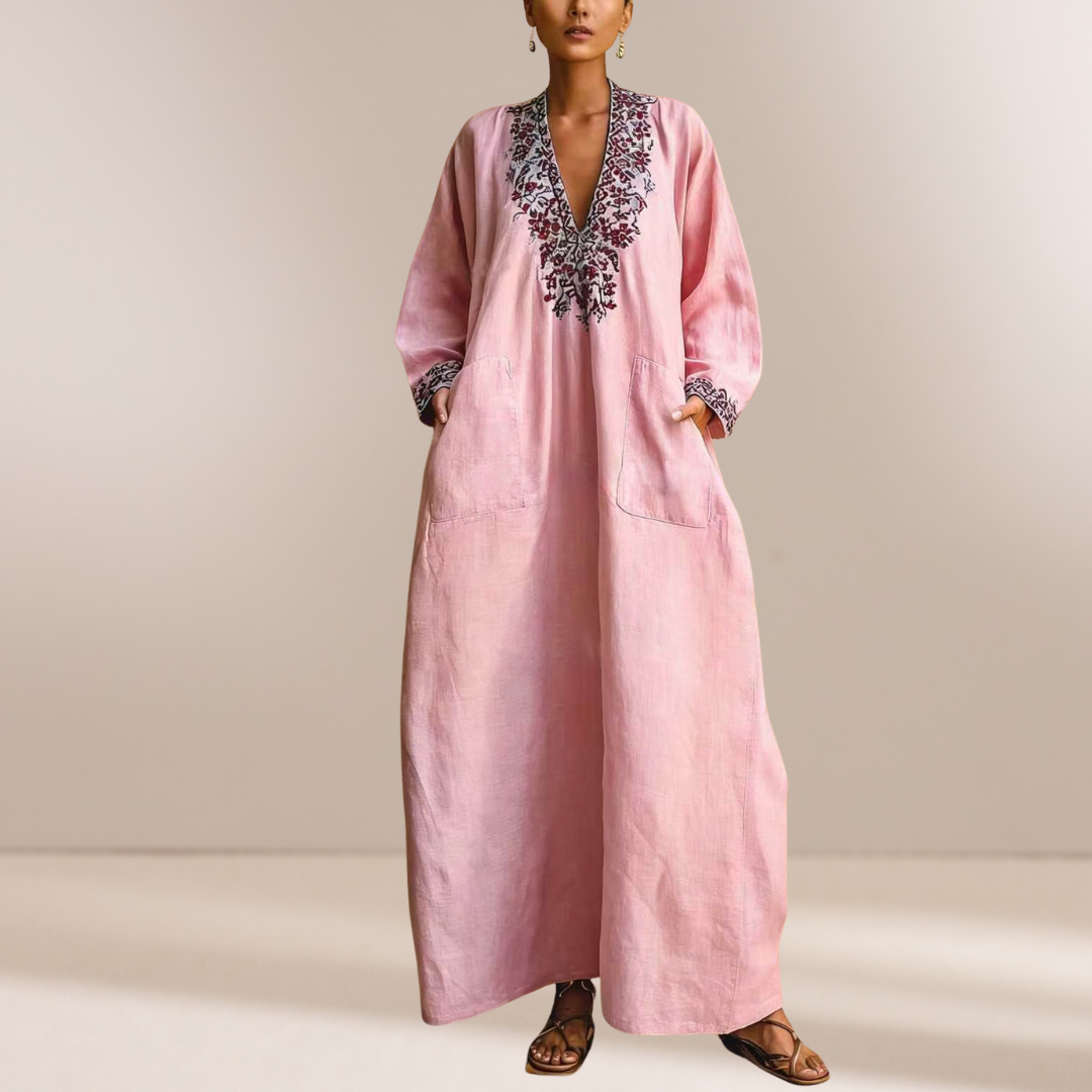 Roze | Bella Mediterranea Bloemen V-Hals Maxi Jurk