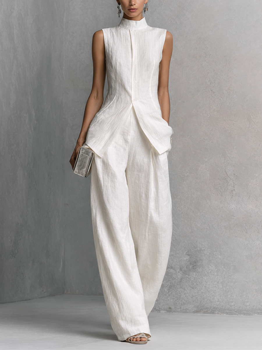 Elegante Witte Katoenlinnen Mouwloze Top en Brede Pantalon Set MDZ0221B1BA