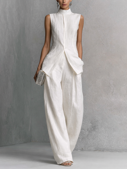 Elegante Witte Katoenlinnen Mouwloze Top en Brede Pantalon Set MDZ0221B1BA