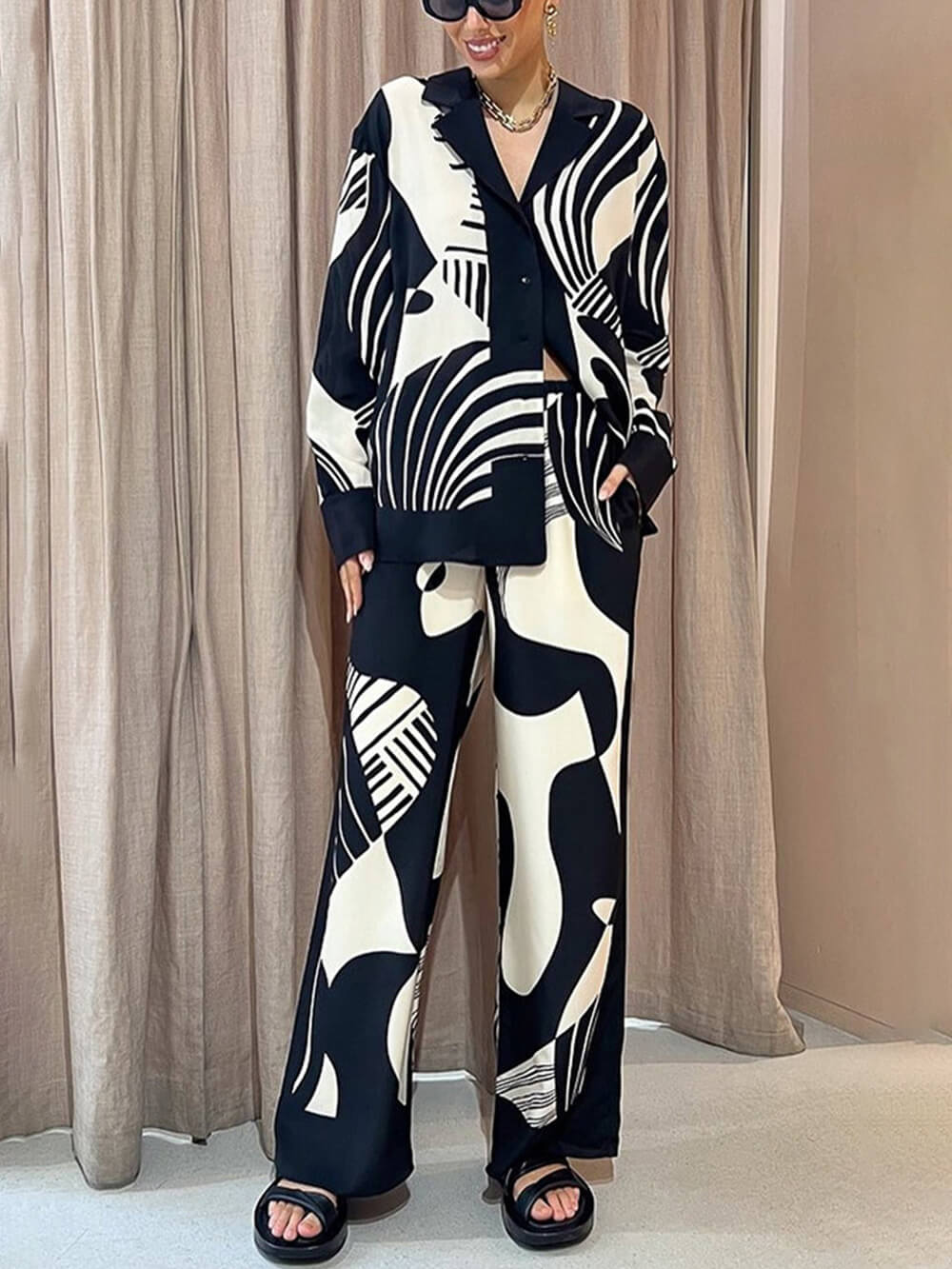 Trendy Graffiti Print Losse Wijde Pantalon Set