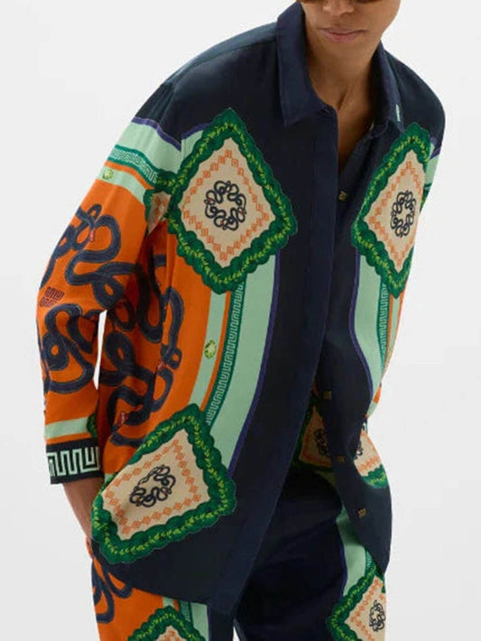 Unieke Koraal Graphic Print Knop Blouse Oversized