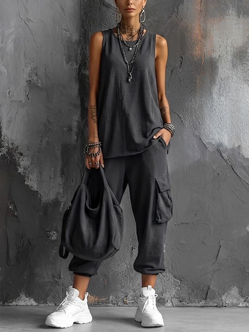 Dames Casual Stijl Donkergrijze Katoenmix Mouwloze Top + Jogger Cargo Broek Set MDZ2365D7GMJ