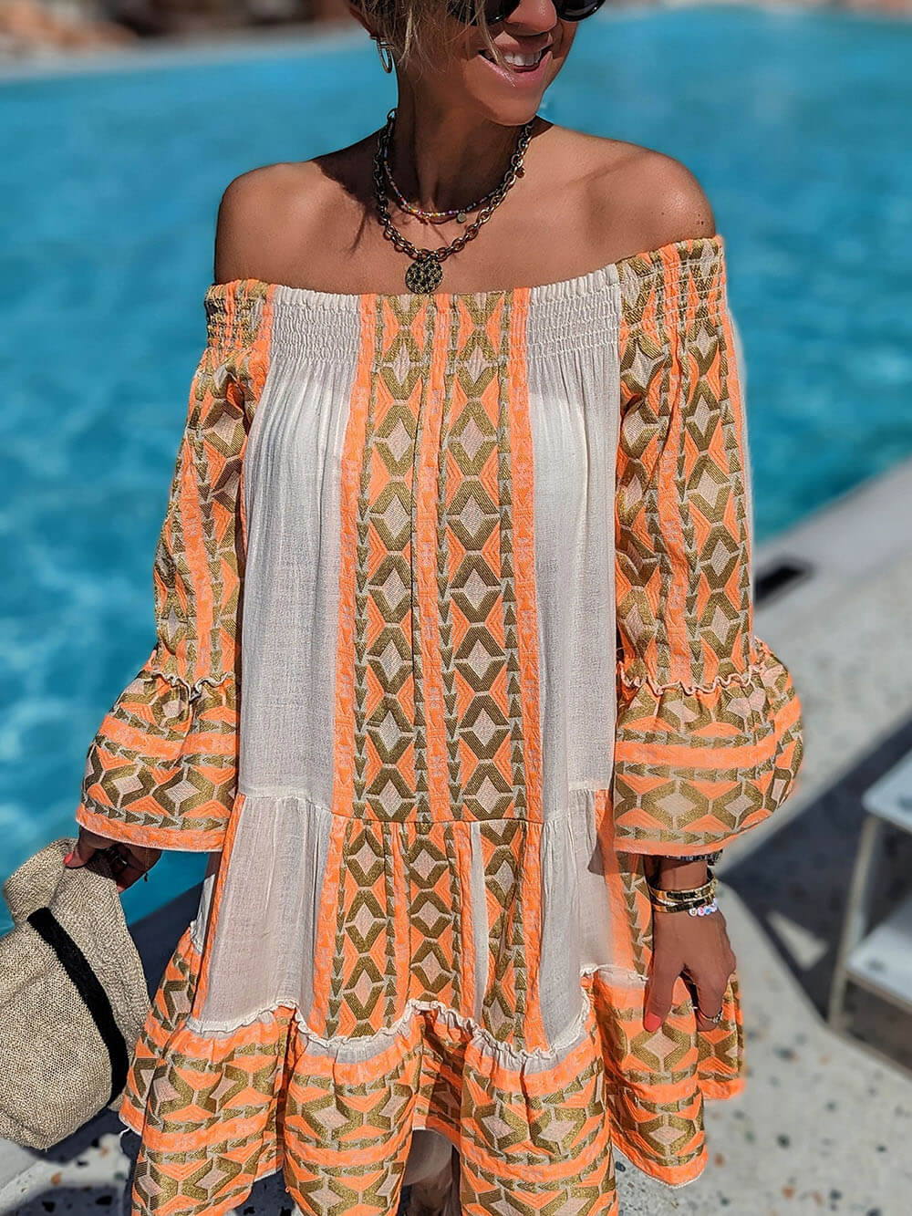 Linnenmix Etnische Print Off-Shoulder Los Mini Jurk