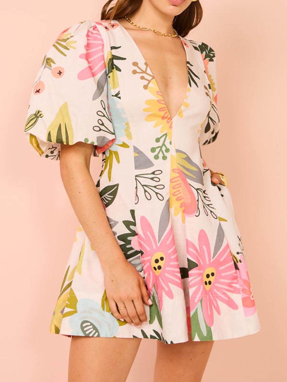 Bloemenprint Puff Sleeve Mini Jurk met Zakjes