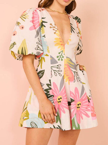 Bloemenprint Puff Sleeve Mini Jurk met Zakjes