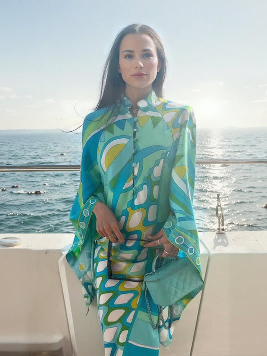 Elegante Knop-Up Staande Kraag Gedrukt Los Flared Asymmetrische Midi Jurk