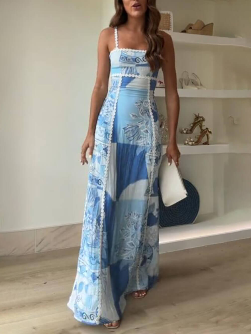 Unieke Kant Patchwork Gedrukte Achter Tie Halter Flare Maxi Jurken