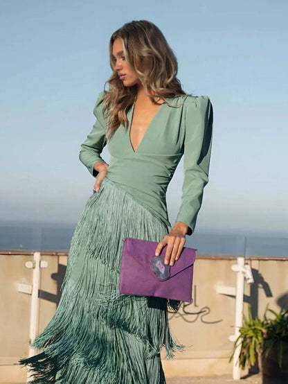 Elegante Tassel V-Hals Lange Mouw Maxi Jurk