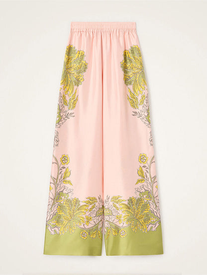 Exquise Bloemen Veren Trim Crop Top & Wijde Pantalon Twee-Delige Set