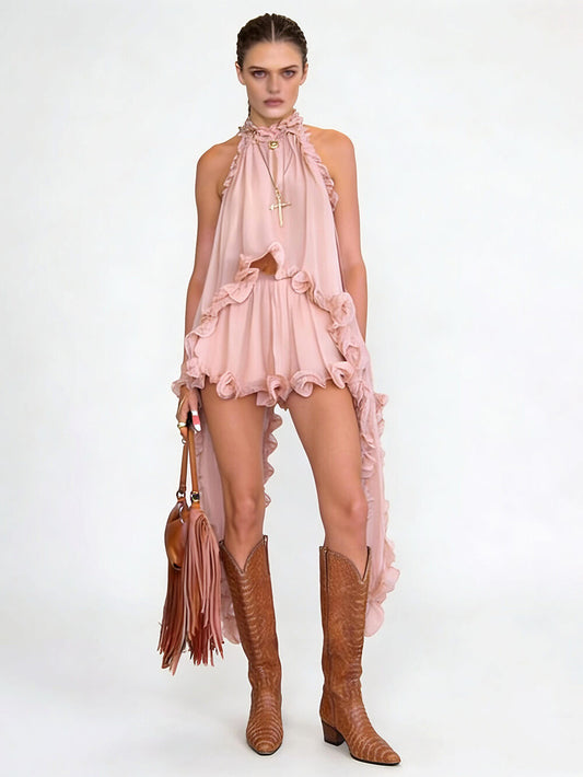 Exquise Chiffon Ruffle Rugloze Asymmetrische Top & Relaxed Shorts Set met Elastische Taille