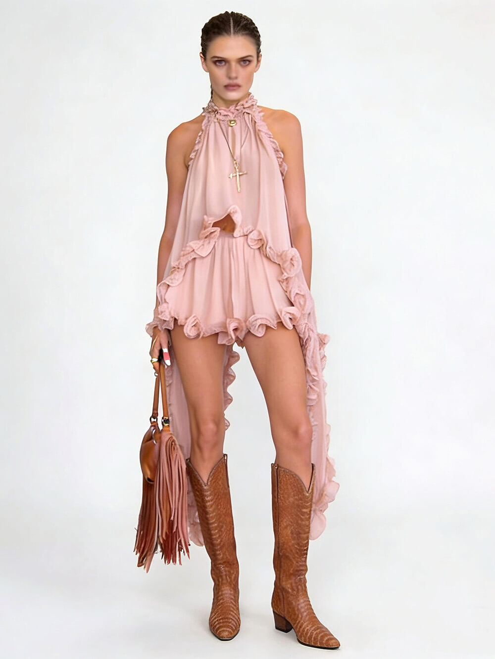 Exquise Chiffon Rimpel Rugloze Asymmetrische Top & Relaxed Shorts Set met Elastische Taille
