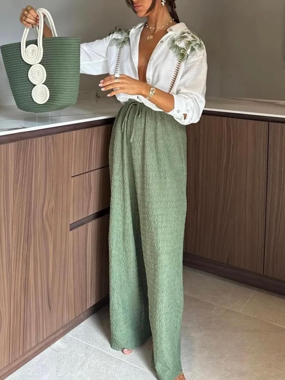 Zomer Tropische Stijl Unieke Plissé Elastische Taille Pocket Rechte Pantalon