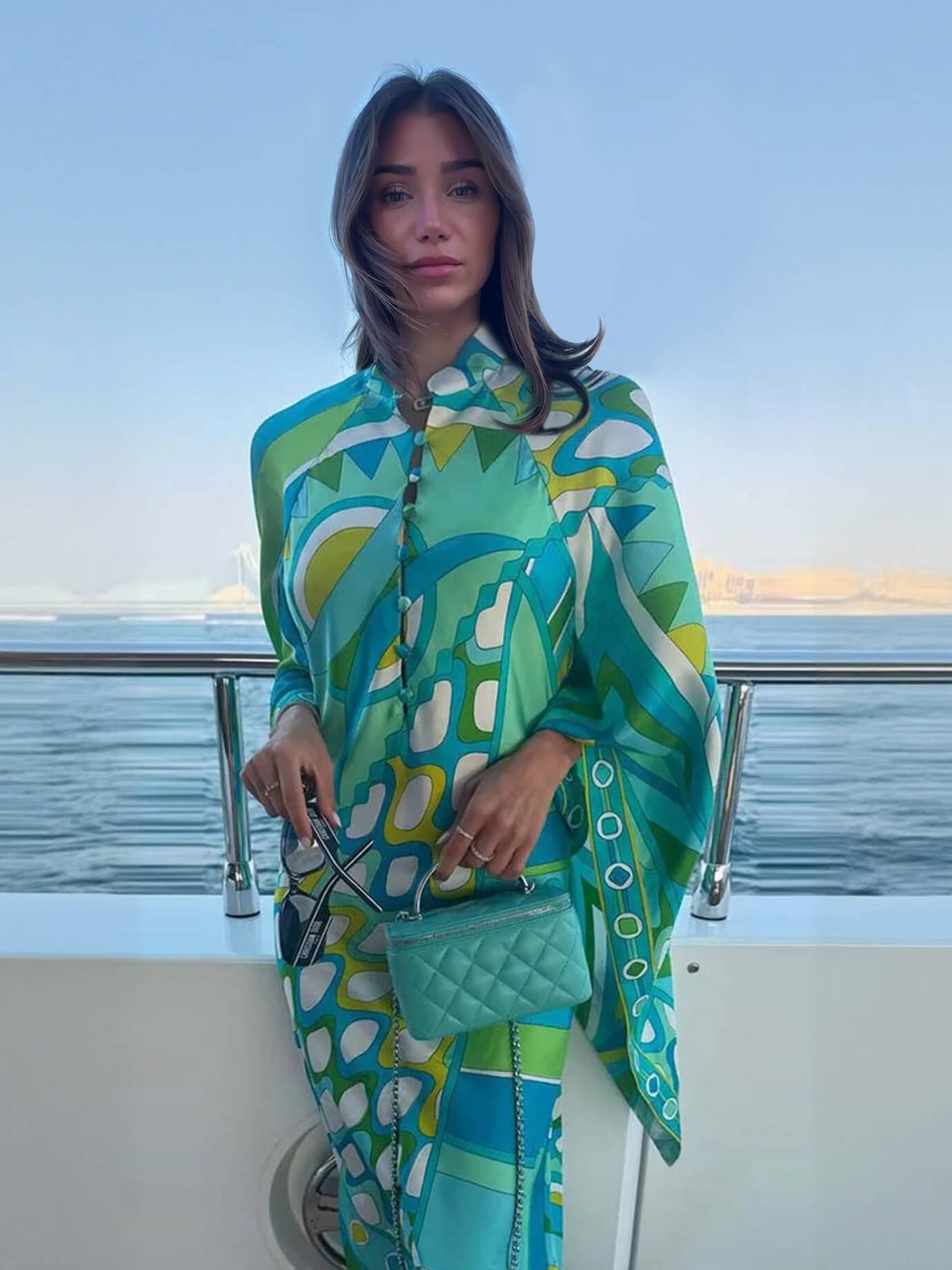 Elegante Knop-Up Staande Kraag Gedrukt Los Flared Asymmetrische Midi Jurk