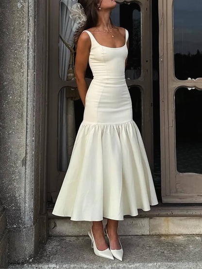 Elegante Midi-jurk met Vierkante Hals en Brede Bandjes