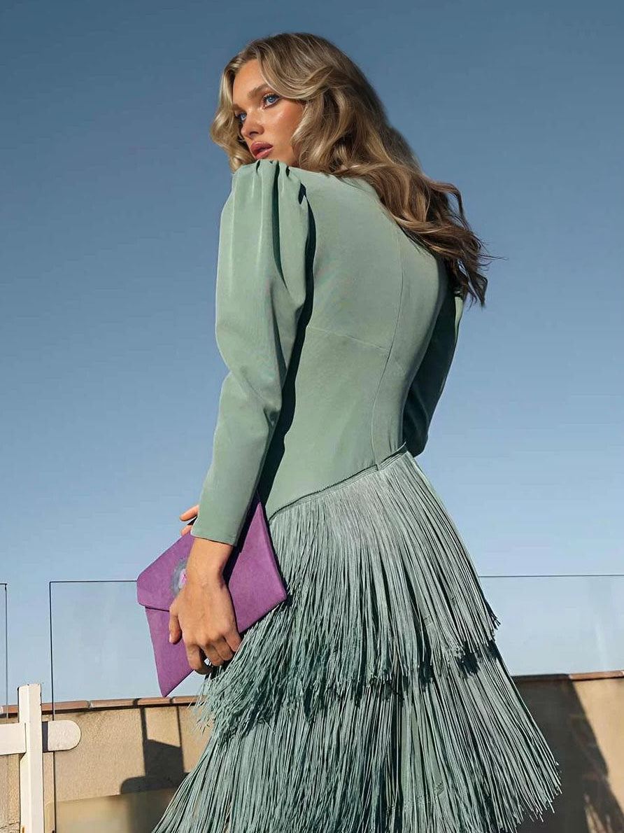 Elegante Tassel V-Hals Lange Mouw Maxi Jurk