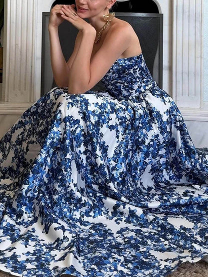 Elegante Strapless Gedrukte String Maxi Jurk