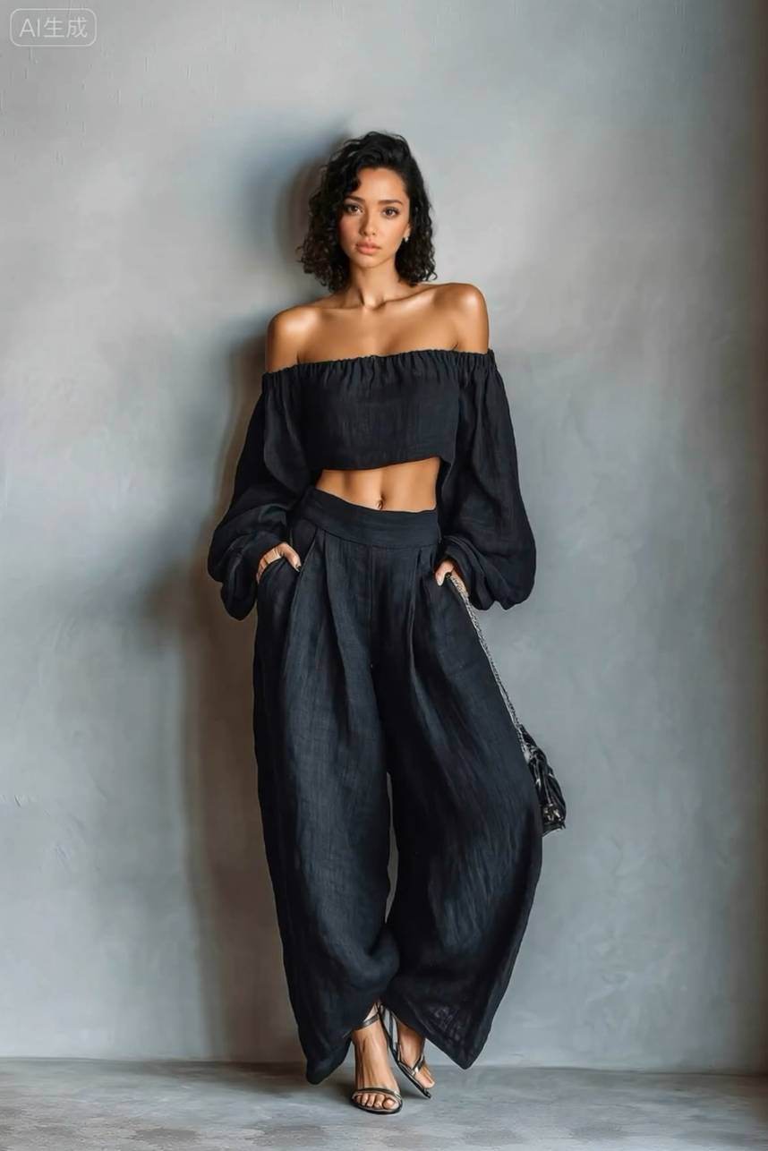 Off-Shoulder Korte Top En Brede Pantalon Set