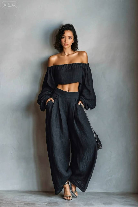 Off-Shoulder Korte Top En Brede Pantalon Set