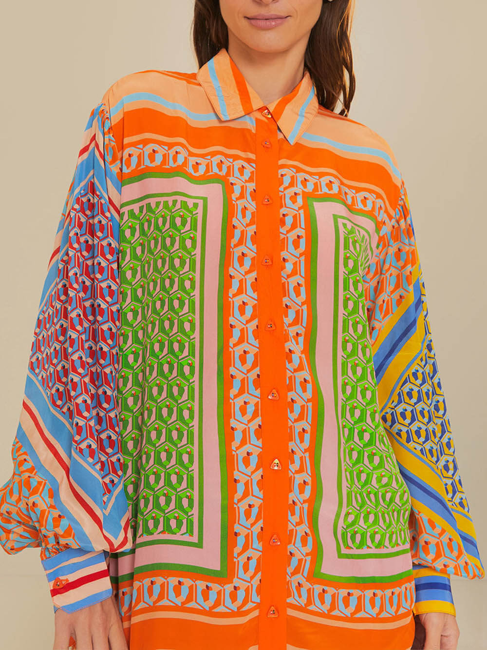 Kleurvolle Unieke Print Ballon Mouw Knop Losse Shirt