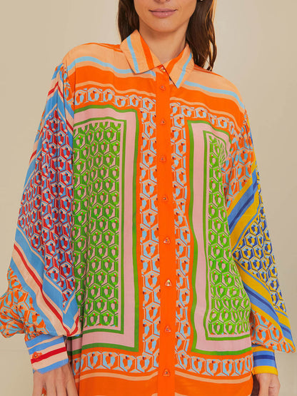 Kleurvolle Unieke Print Ballon Mouw Knop Losse Shirt