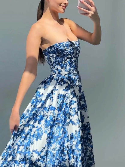 Elegante Strapless Gedrukte String Maxi Jurk