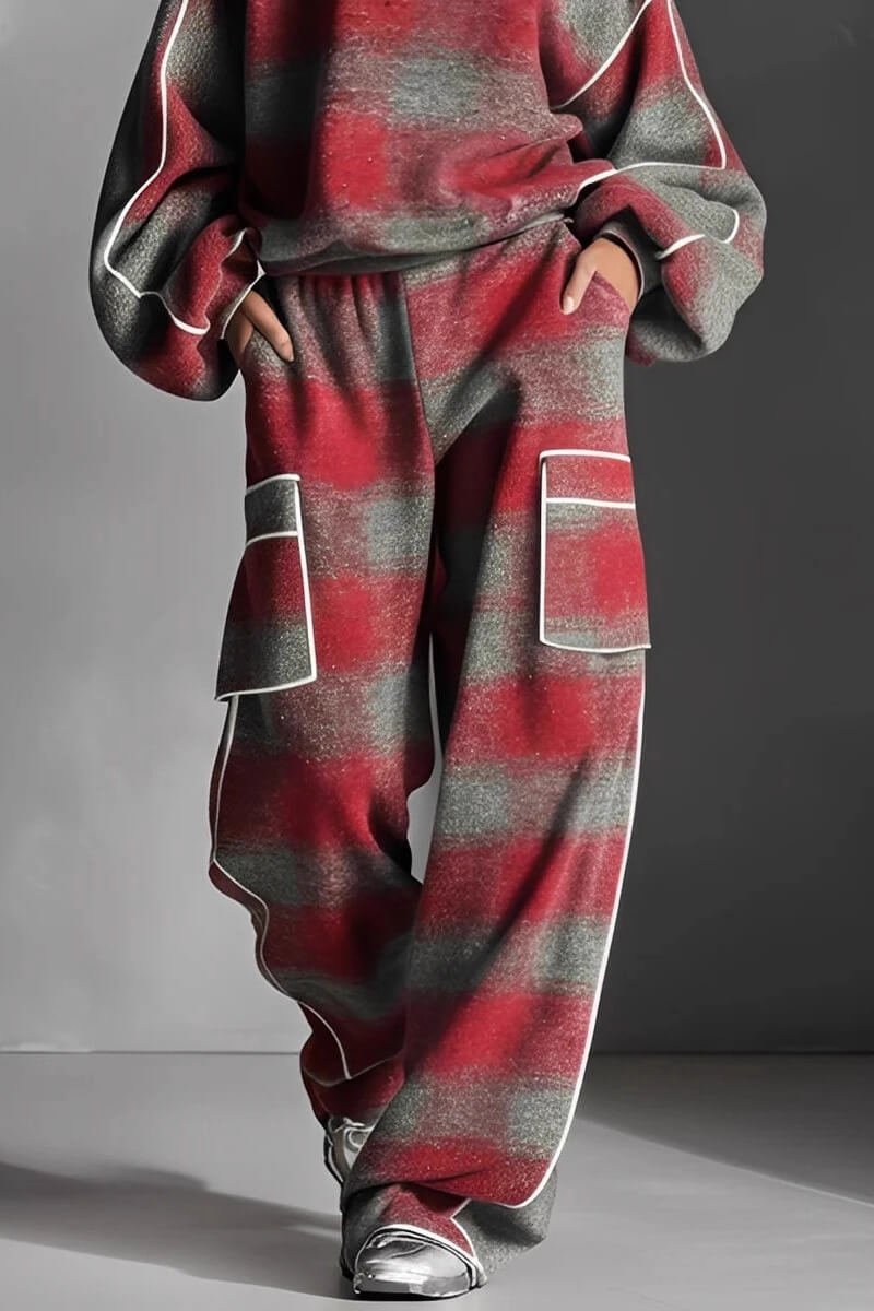 Mode Straatstijl Rood En Grijs Geruit Kleurblok Los Top En Brede Pantalon Set