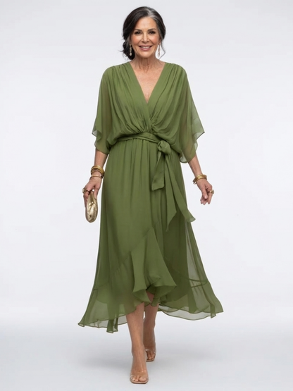 Elysia | V-hals Draped Taille Midi-jurk