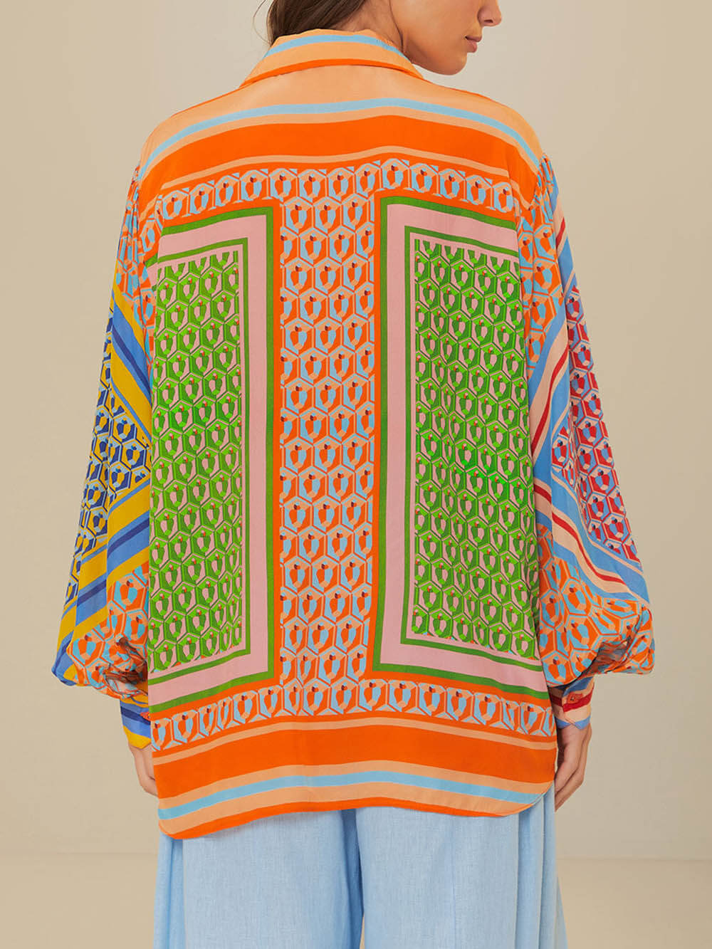 Kleurvolle Unieke Print Ballon Mouw Knop Losse Shirt
