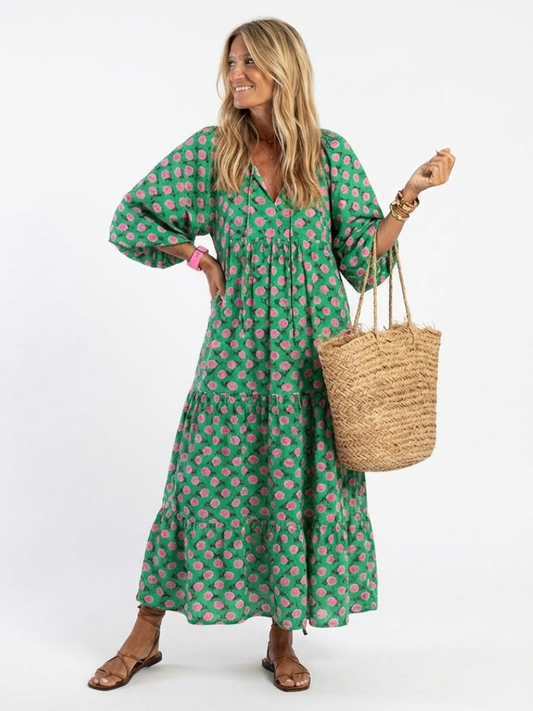 Fiora | Bloemenprint V-hals Lagen Midi Jurk