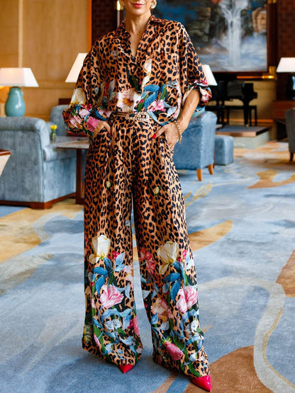Unieke Luipaard Bloemenprint Elastische Taille Wijde Pantalon
