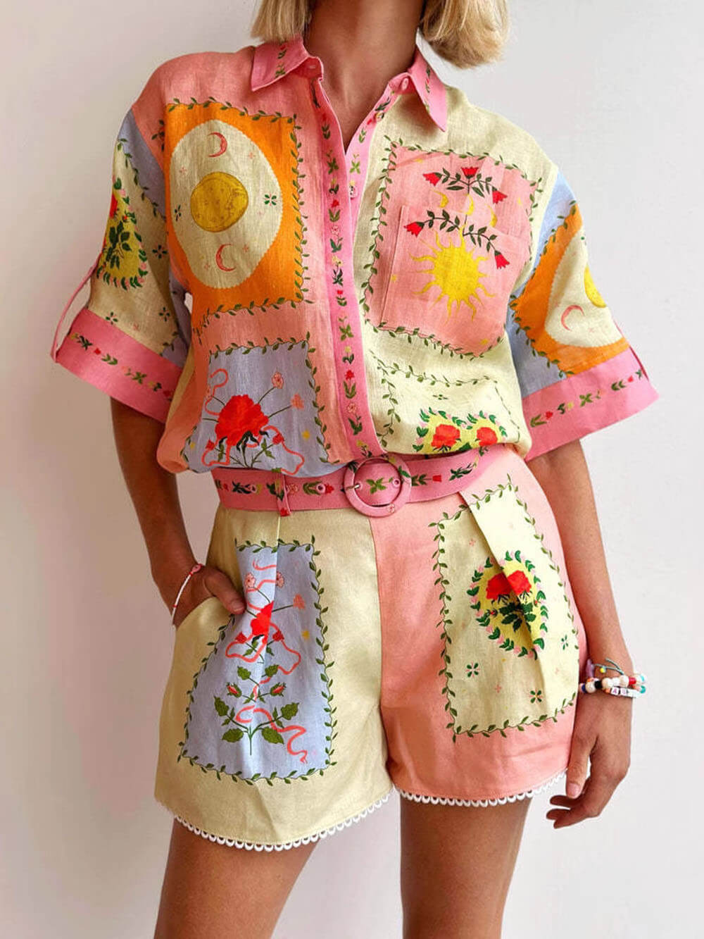 Casual Linnen Unieke Print Shirt En Shorts Set