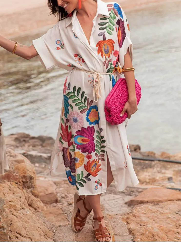 Casual Positioning Print Losse Resort Shirt Midi Jurk