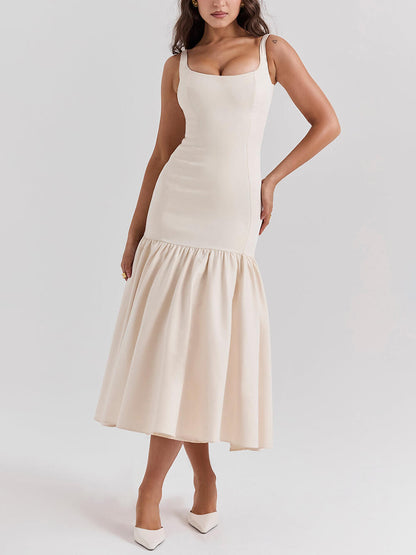 Elegante Midi-jurk met Vierkante Hals en Brede Bandjes
