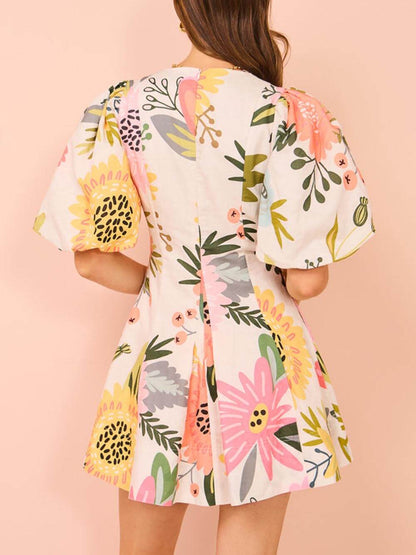 Bloemenprint Puff Sleeve Mini Jurk met Zakjes