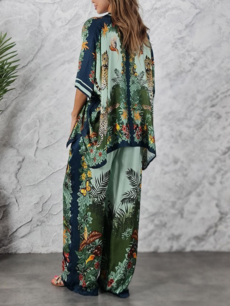 Exotische Jungle Print Batwing Mouw Shirt & Wijde Pantalon Set