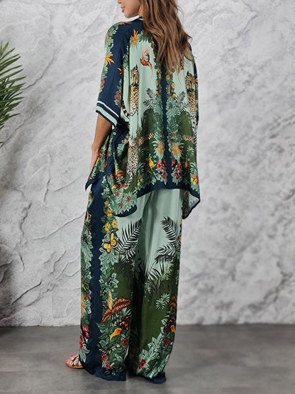 Exotische Jungle Print Batwing Mouw Shirt & Wijde Pantalon Set
