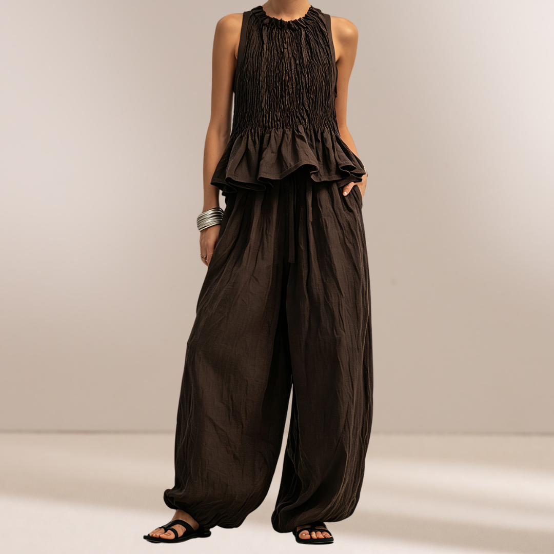 Cameron | Donkerbruin Katoen-Linnen Mouwloos Top & Broek Set